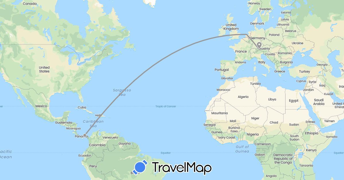 TravelMap itinerary: driving, plane in Austria, Netherlands, Panama (Europe, North America)